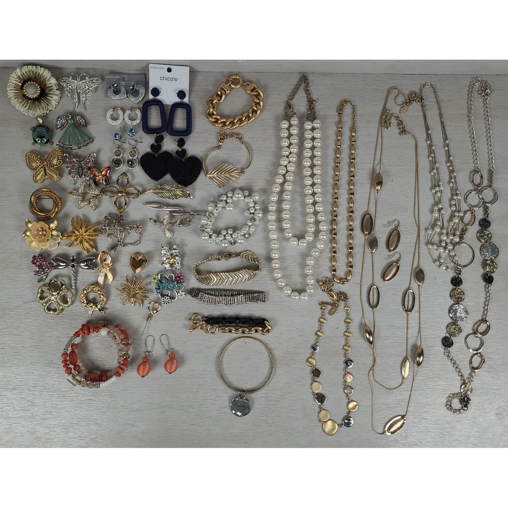Costume Jewelry Lot Necklaces Bracelets Earrings Brooches 40+ Pieces Chicos